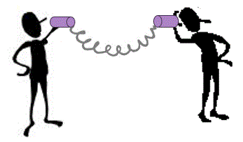 Two stick men communicating with metal cans and string